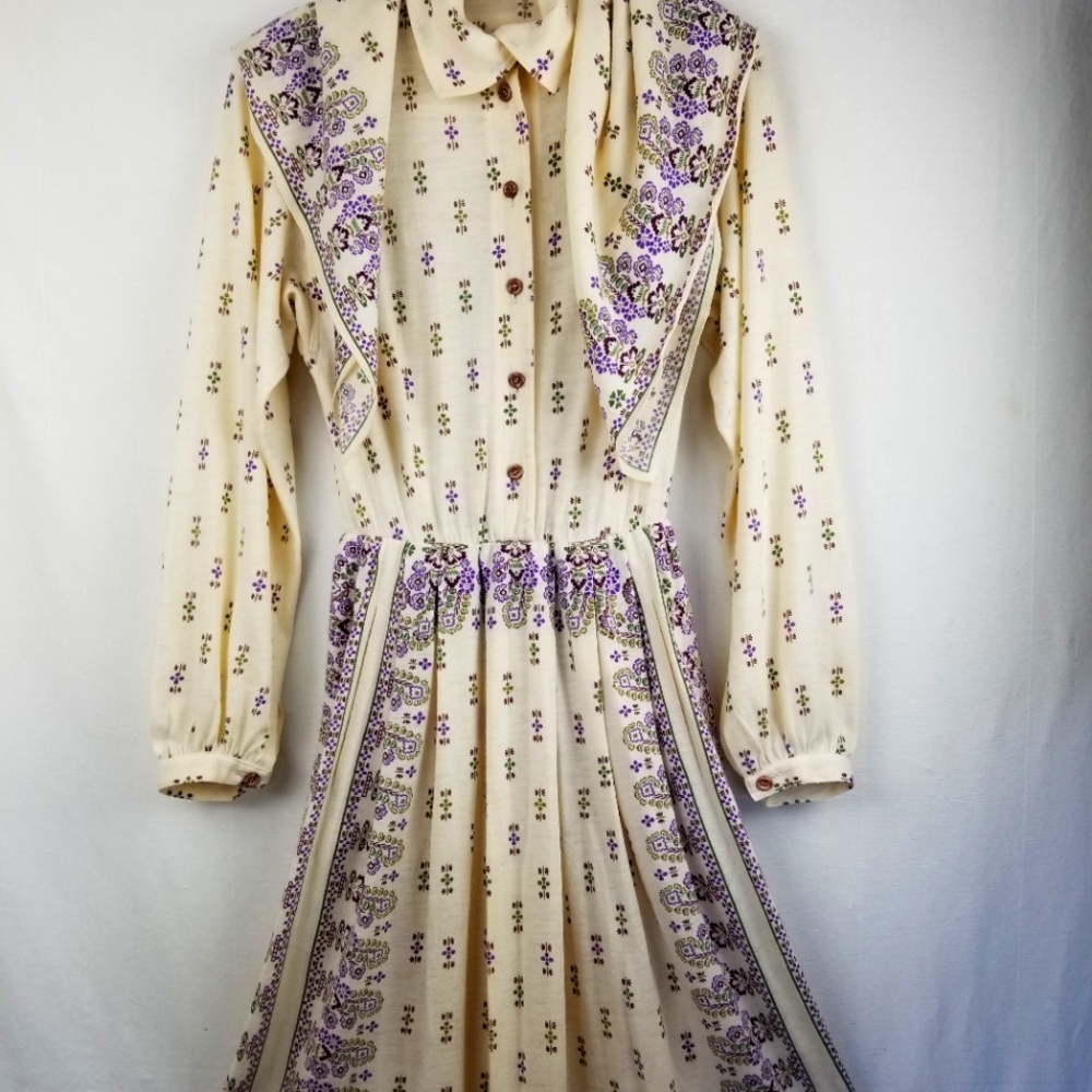 Vintage Marly's Dress 1970s Floral Print Long Sleeve Knit With Scarf Italy Small